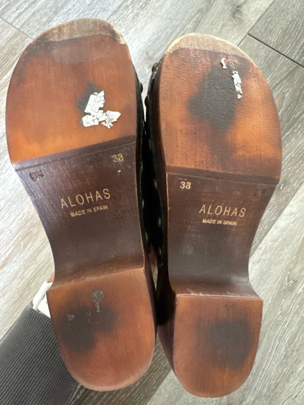Alohas Womens Harley Studded Leather Wooden Platform Clogs Black Brown Size 38 - Picture 6 of 7